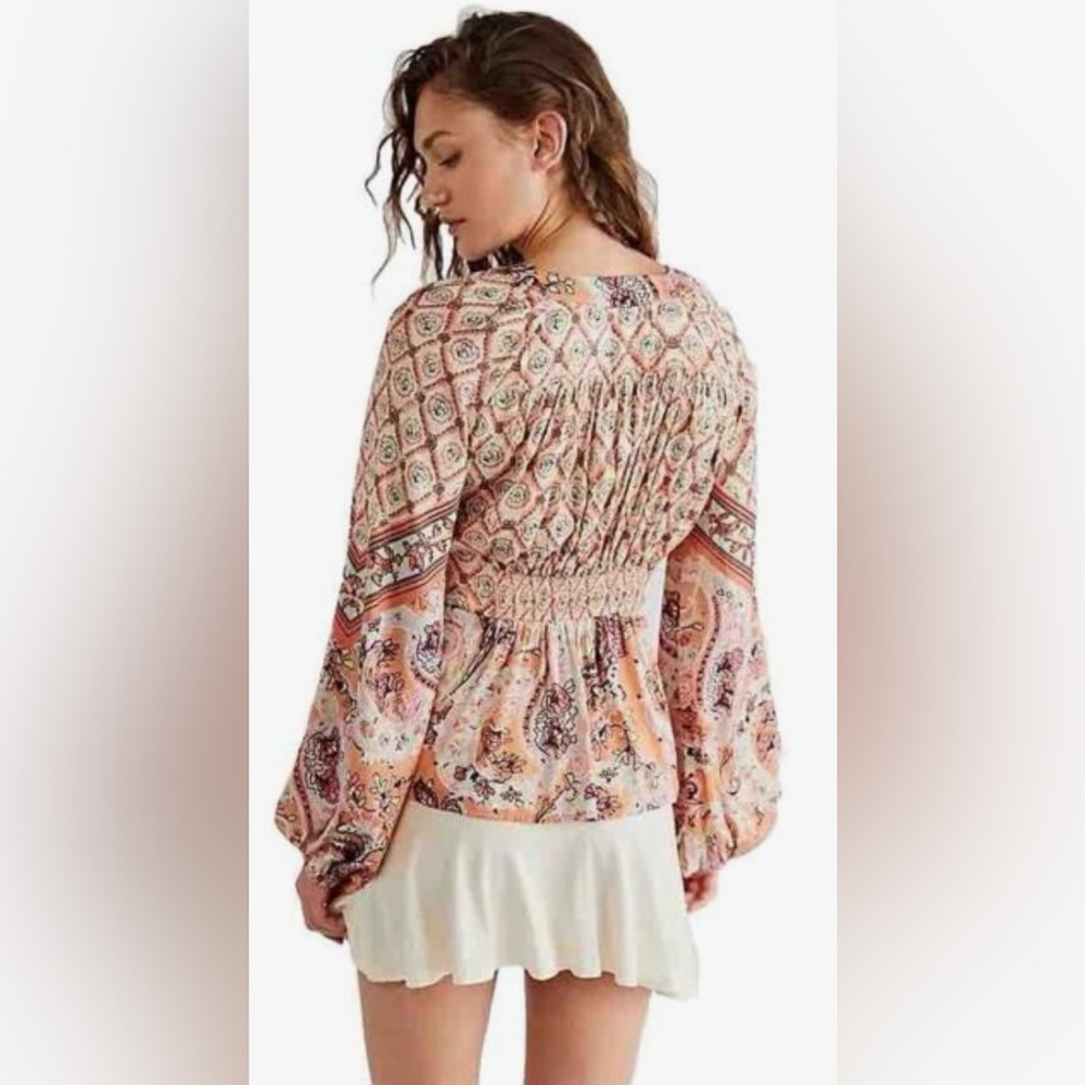 Free People Peach Paisley Tie-Front Blouse - Picture 2 of 11